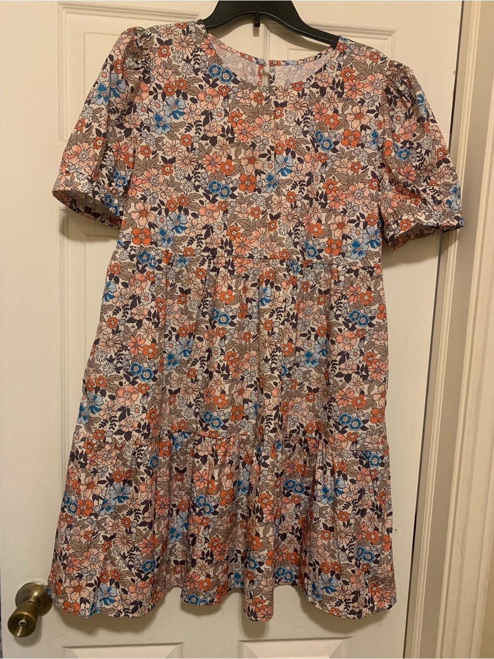 Floral Short Sleeve Tiered Dress in Blue, Orange, Brown